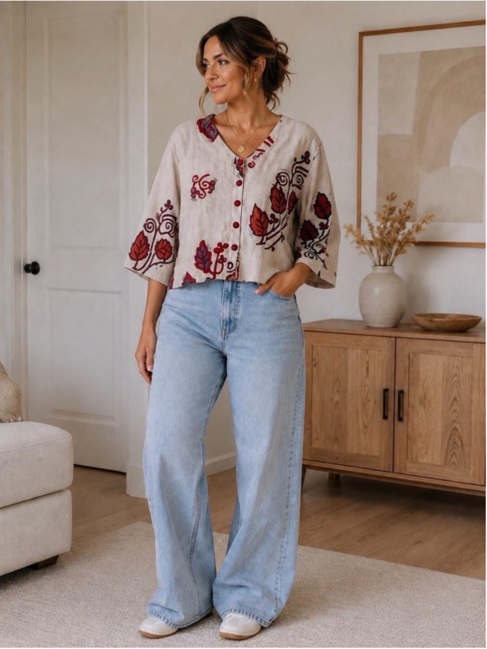 Orvis 100% Linen Floral Vines Print Button Front Top Women’s Medium Boho Artsy
